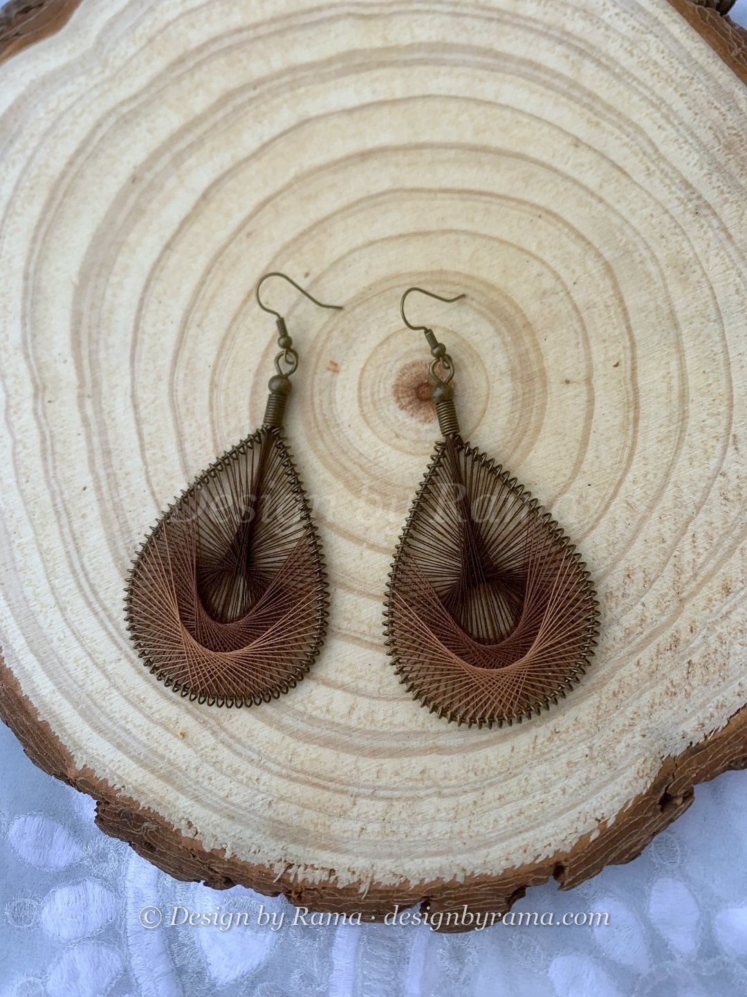 Paga Bronze Peacock — bronze, brown, copper thread earrings, Design by Rama, Duncan BC