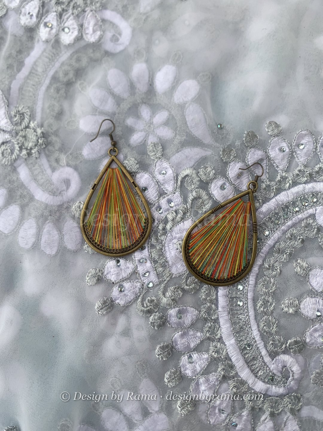 Wli Golden Waterfall — gold, orange, green, bronze thread earrings, Design by Rama, Duncan BC